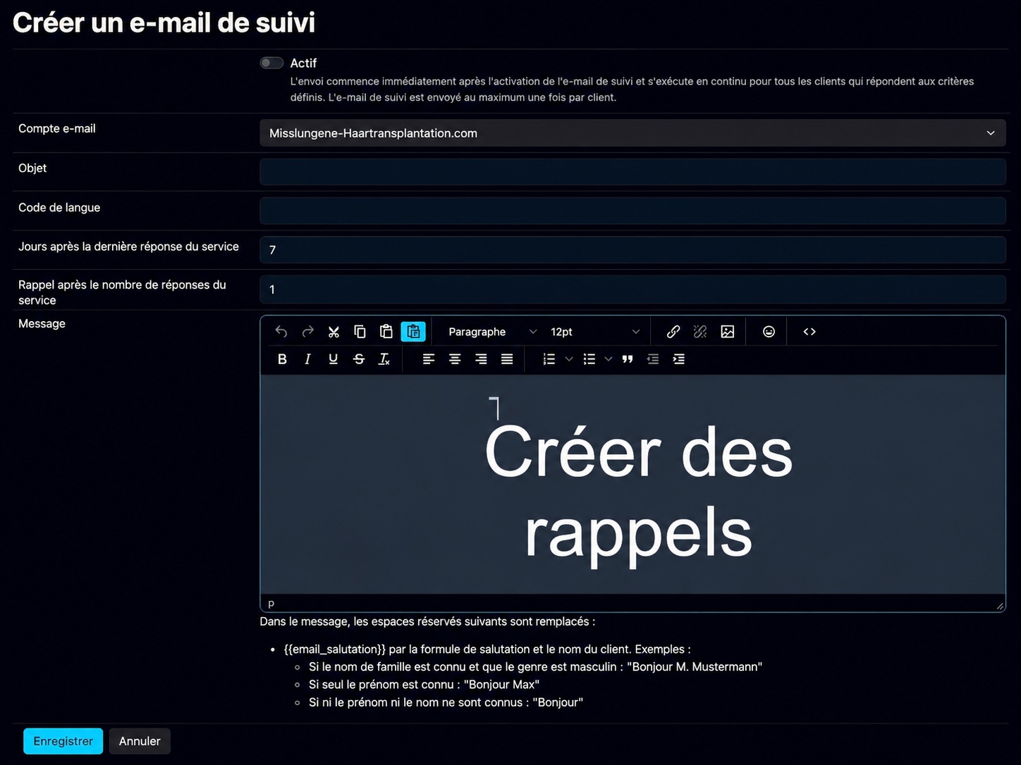 E-mails de rappel automatiques dans Bodo : délai configurable et texte de rappel personnalisé pour les leads silencieux